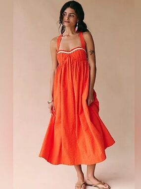 Free People Poppy Midi Dress - Orange Halter Midi Dress with Sweetheart Neckline